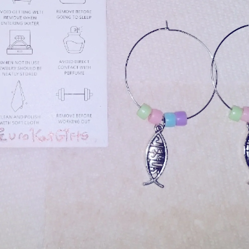 Handmade Jesus Fish Charm beaded Hoop Earrings Med sized Silver Stainless NEW